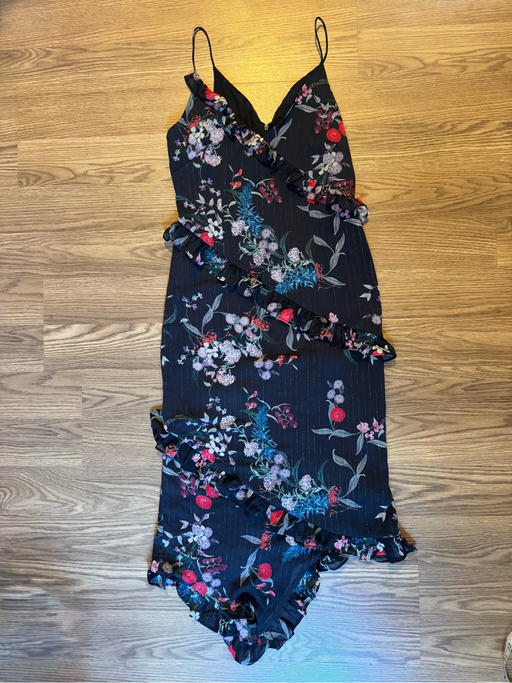 KEEPSAKE the Label Black Floral Ruffle Midi Dress